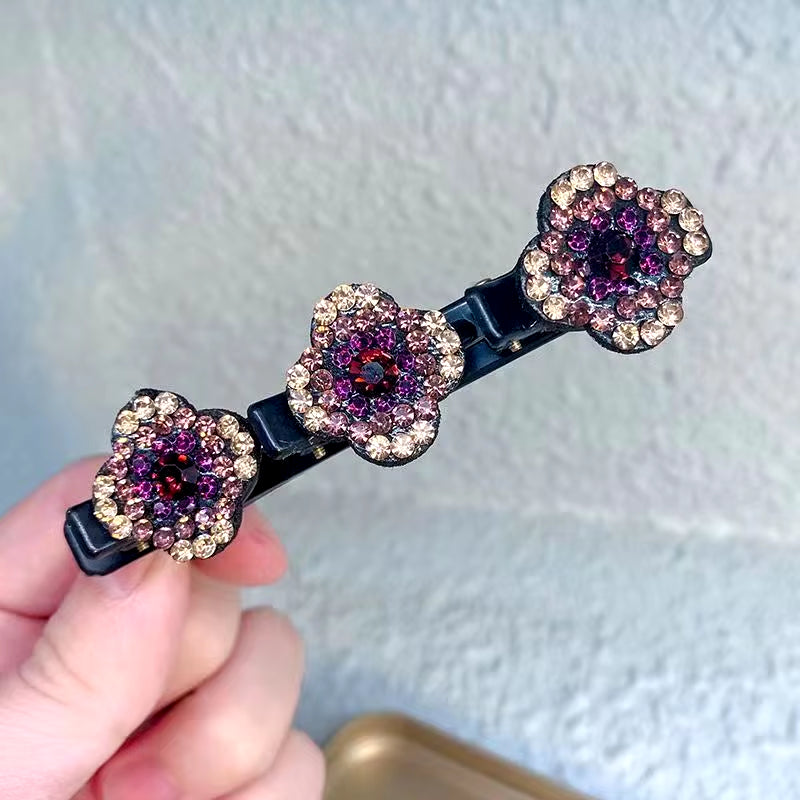 2023 New Fashion Sparkling Crystal Stone Braided Hair Clips 3 Flower Hair Accessory for Women Girls