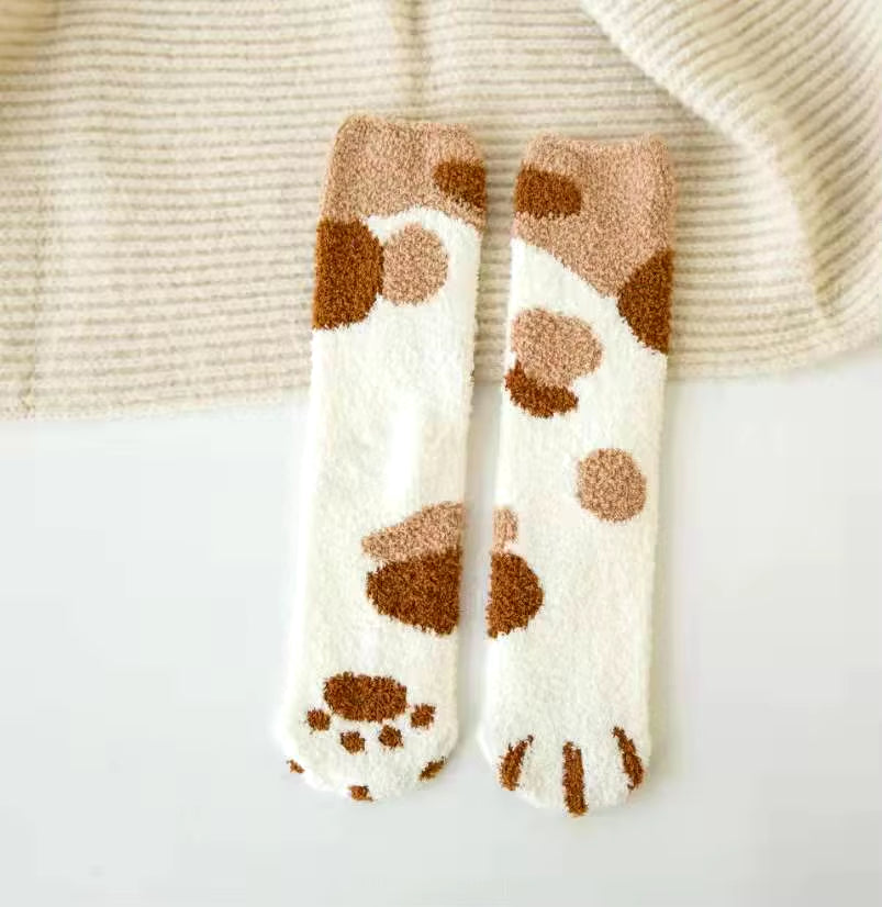 6 Pairs Winter Woman Socks Kawaii Cartoon Cute 3D Dog Cat Paw Pattern Female Fleece Warm Home Floor Sleeping Snowfield Thick