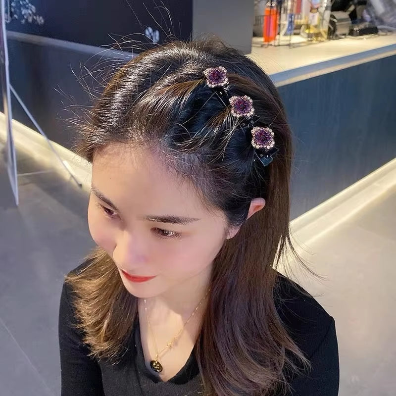 2023 New Fashion Sparkling Crystal Stone Braided Hair Clips 3 Flower Hair Accessory for Women Girls