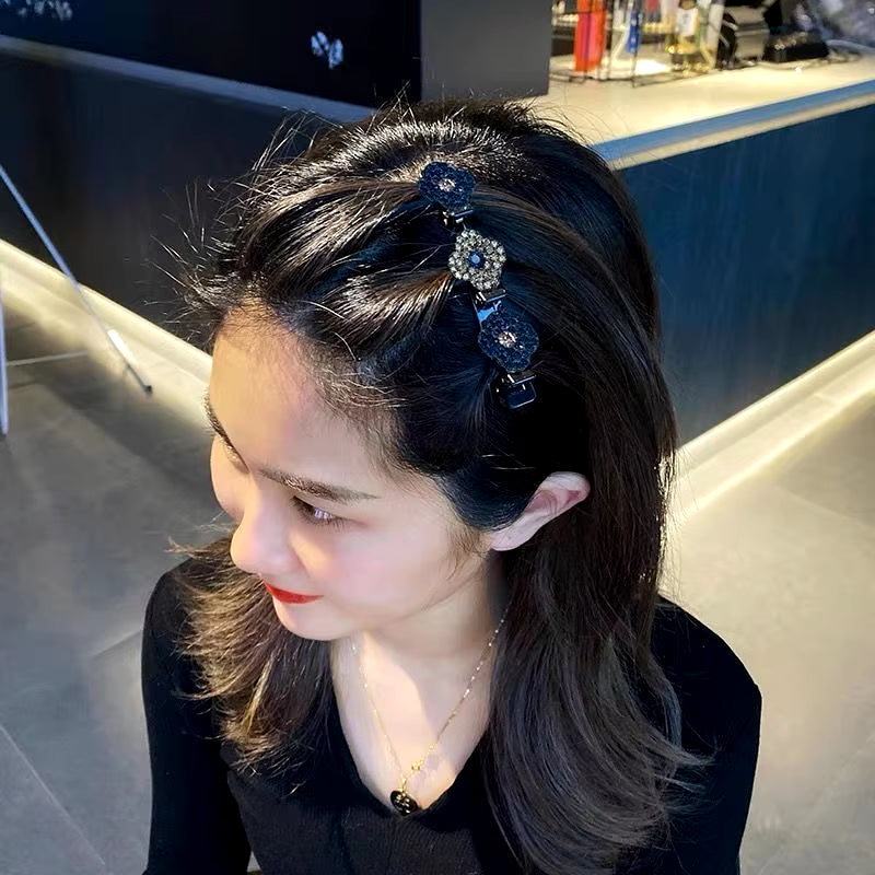 2023 New Fashion Sparkling Crystal Stone Braided Hair Clips 3 Flower Hair Accessory for Women Girls