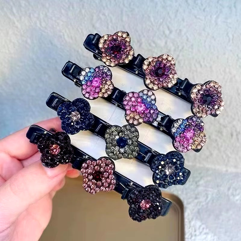 2023 New Fashion Sparkling Crystal Stone Braided Hair Clips 3 Flower Hair Accessory for Women Girls