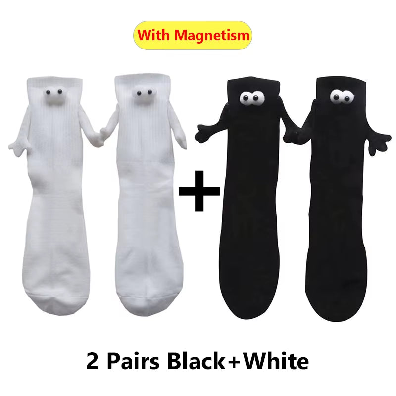 1/2Pairs Harajuku Couple Cotton Sock Magnetic Suction Hand in Hand Socks Black White Unisex Holding Hands Long Socks