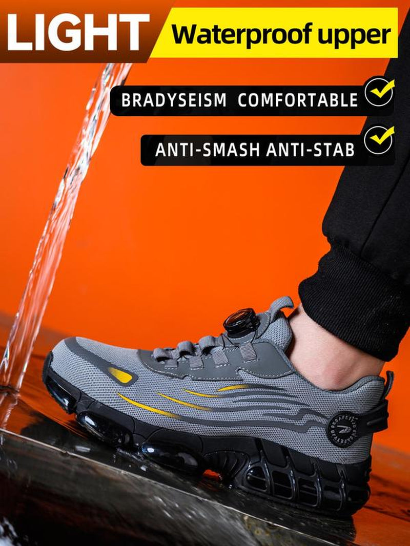 Men'S Casual Lace up Steel Toe Rotating Automatic Buckle Design Work Shoes, Lightweight Comfortable Safety Shoes, Wear-Resistant Anti-Impact Anti-Puncture Shoes for Outdoor Work, Men'S Shoes