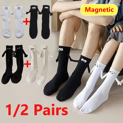 1/2Pairs Harajuku Couple Cotton Sock Magnetic Suction Hand in Hand Socks Black White Unisex Holding Hands Long Socks