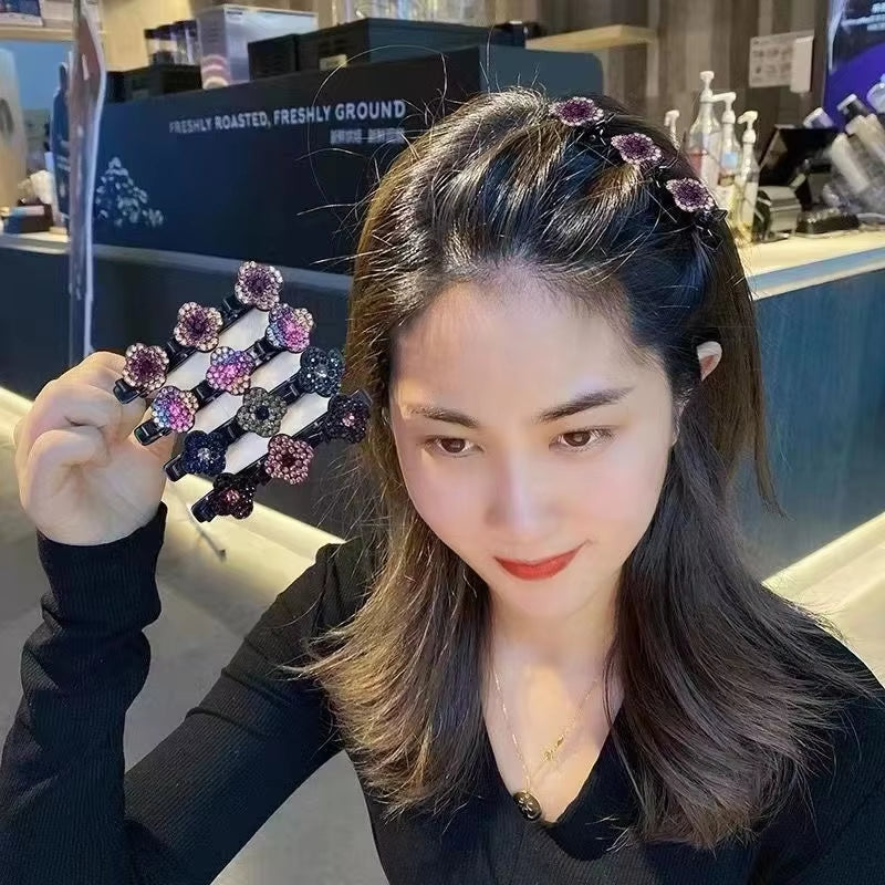 2023 New Fashion Sparkling Crystal Stone Braided Hair Clips 3 Flower Hair Accessory for Women Girls