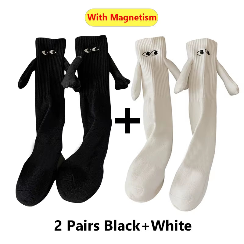 1/2Pairs Harajuku Couple Cotton Sock Magnetic Suction Hand in Hand Socks Black White Unisex Holding Hands Long Socks