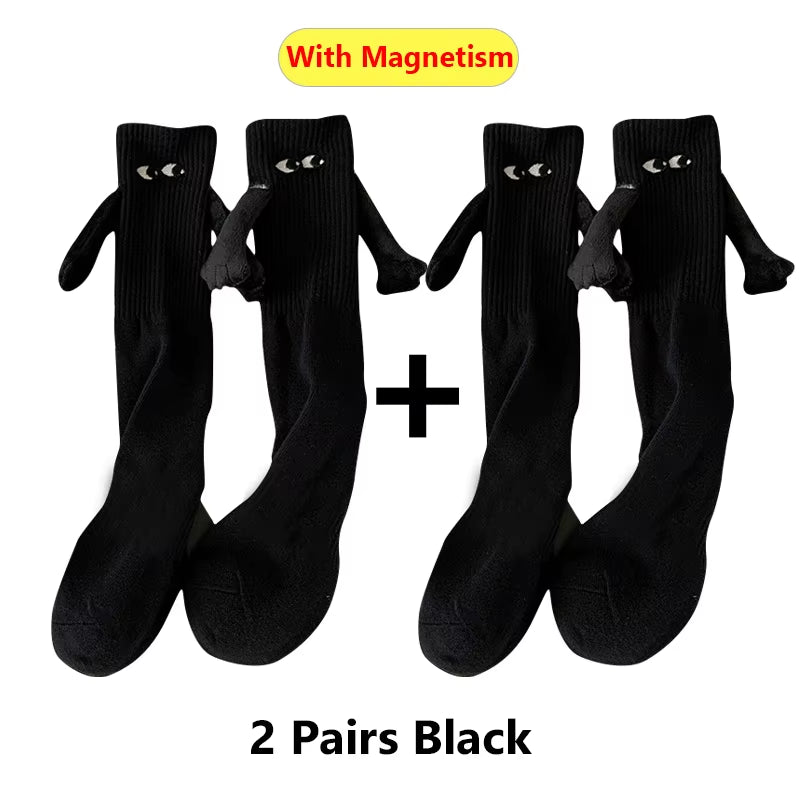 1/2Pairs Harajuku Couple Cotton Sock Magnetic Suction Hand in Hand Socks Black White Unisex Holding Hands Long Socks
