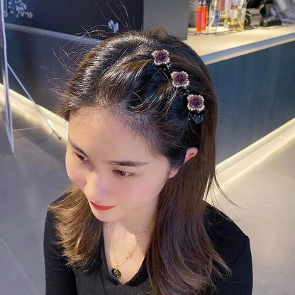 2023 New Fashion Sparkling Crystal Stone Braided Hair Clips 3 Flower Hair Accessory for Women Girls