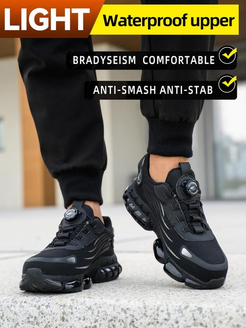 Men'S Casual Lace up Steel Toe Rotating Automatic Buckle Design Work Shoes, Lightweight Comfortable Safety Shoes, Wear-Resistant Anti-Impact Anti-Puncture Shoes for Outdoor Work, Men'S Shoes